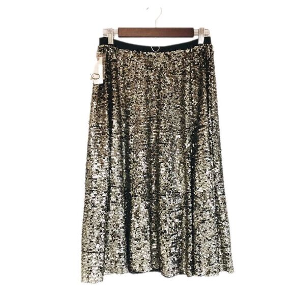 ANTHROPOLOGIE Maeve Orleans Gold Sequin Midi Skirt Metallic Party Size Small New - Picture 3 of 16